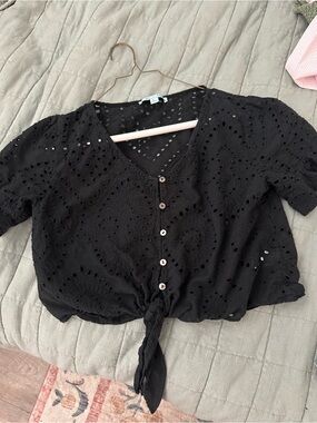 She + Sky Black Eyelet Tie-Front Blouse